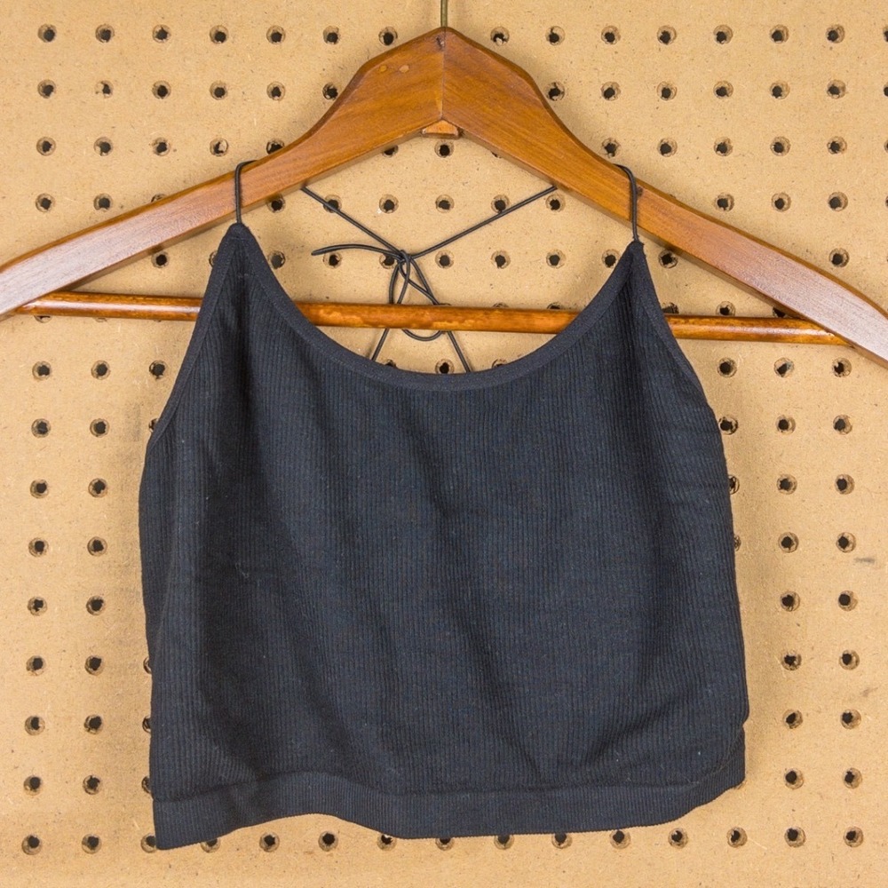 Streetwear Society Black Ribbed Knit Crop Top Lace Up Back Spaghetti Strap Small